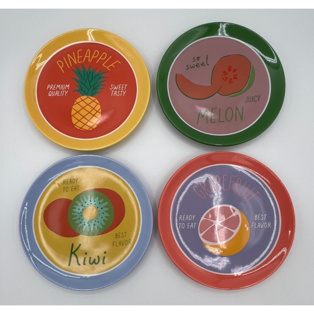 Bullseye Set of 4 Ceramic 6" Appetizer Plates ~ Pineapple Melon Kiwi Grapefruit
